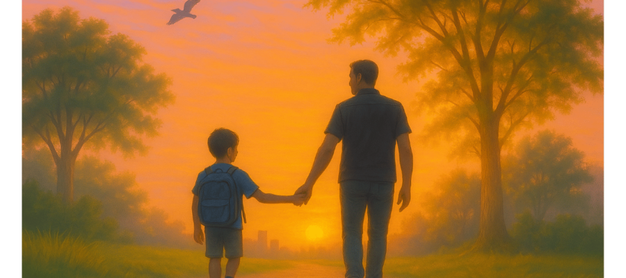 Silhouette of a foster father and child walking hand-in-hand along a park trail at sunset, with soft pastel skies, birds in flight, and a warm, hopeful glow filtering through the trees—symbolizing the emotional journey of saying goodbye in foster care