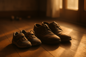 Worn children’s sneakers beside adult shoes in soft sunlight on a hardwood floor, with scattered toys in the background—symbolizing the emotional journey of foster parenting.