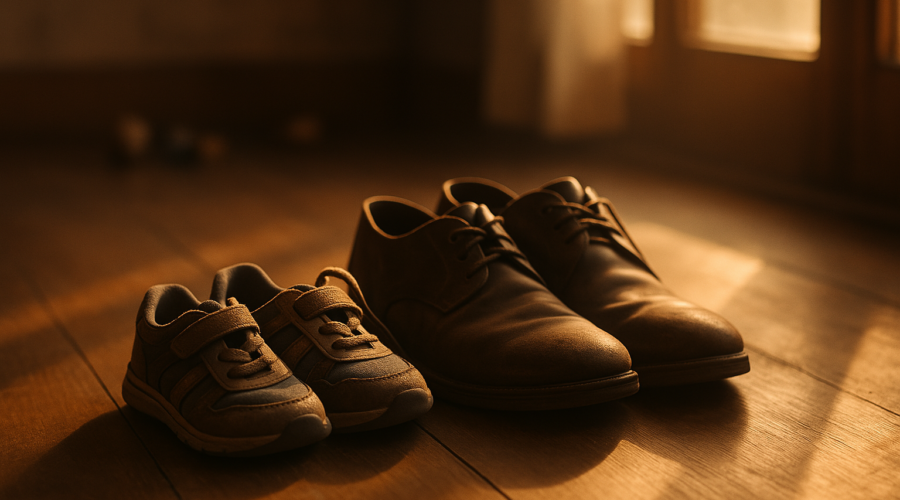 Worn children’s sneakers beside adult shoes in soft sunlight on a hardwood floor, with scattered toys in the background—symbolizing the emotional journey of foster parenting.