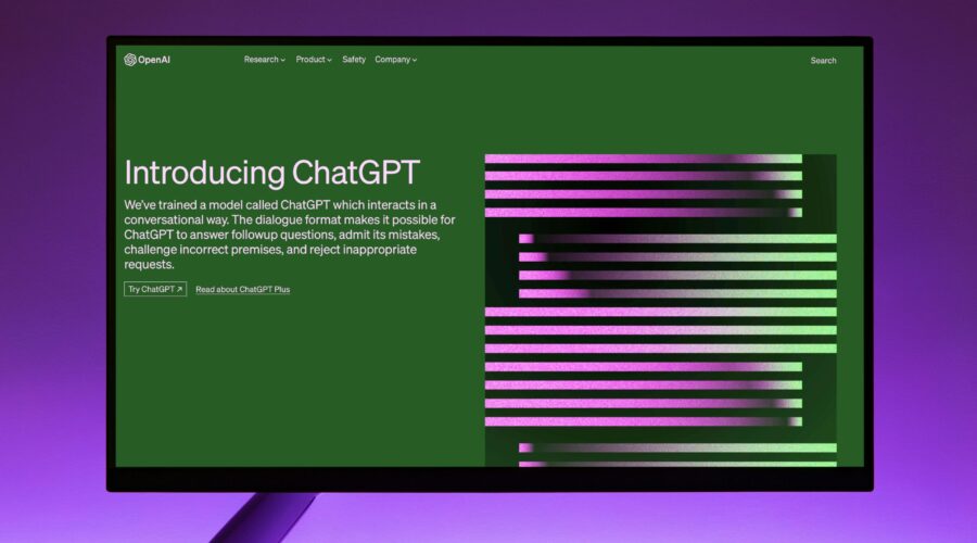 Openai website with introduction to chatgpt on computer monitor